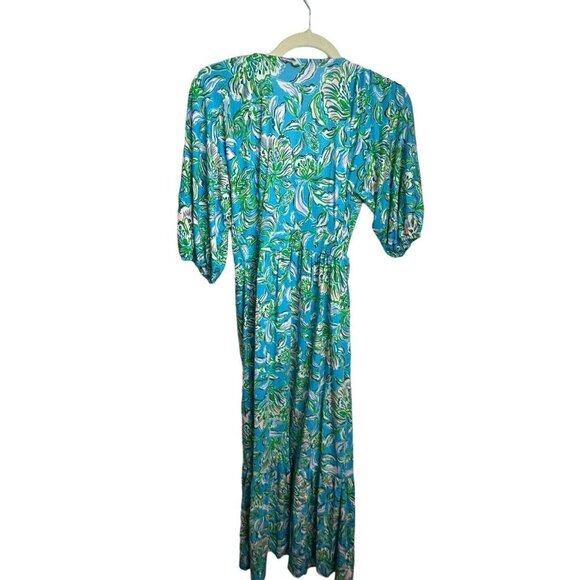 Lilly Pulitzer Brantley Midi Wrap Dress Cumulus Blue Chick Magnet Print Sz Small - Picture 8 of 8